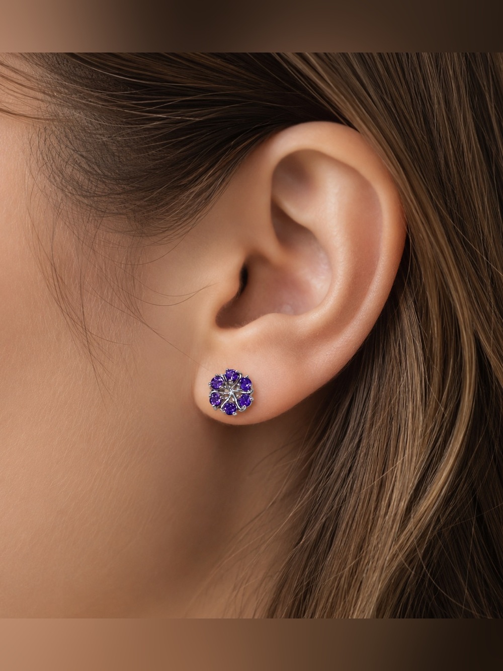 Natural Faceted Purple Amethyst Flower Stud Earrings 925 Silver Post